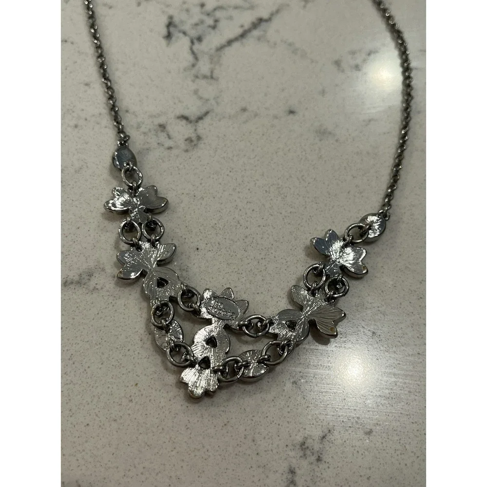 Lia Sophia Silver Floral Statement Necklace White Enamel Crystals Adjustable